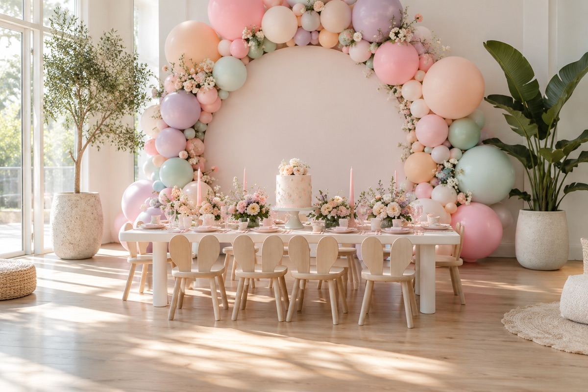 A pastel balloon arch and styled table set up for a children's birthday party