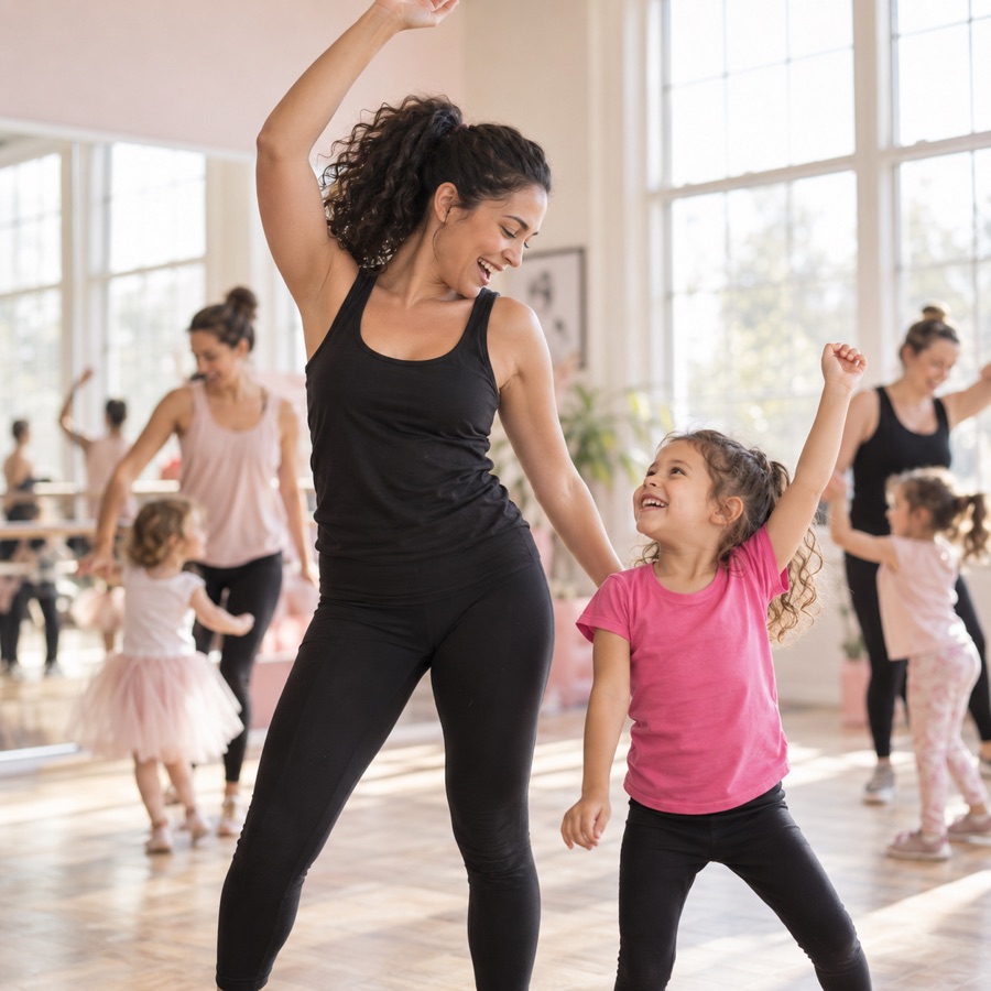 A mum and her young daughter dancing together and laughing in a bright studio