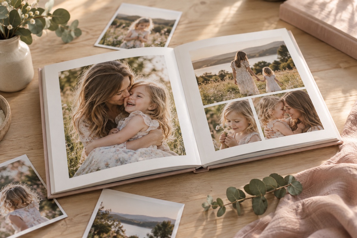 An open family photo album on a table showing warm portraits of a mother and daughter